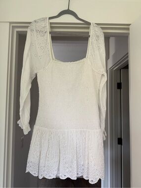 LoveShackFancy White Eyelet Long Sleeve Mini Dress